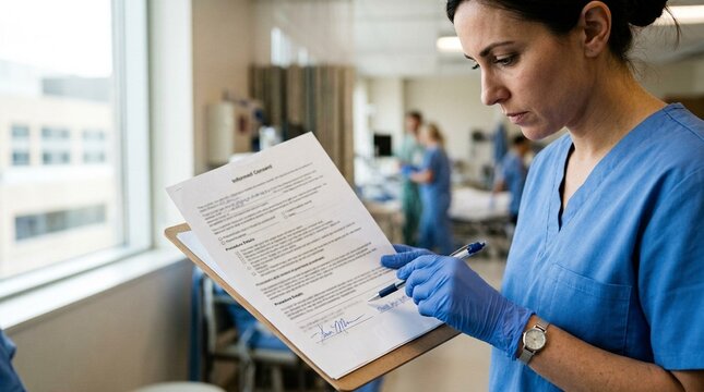 Nurse reviewing a signed informed consent form before a scheduled procedure in healthcare compliance setting