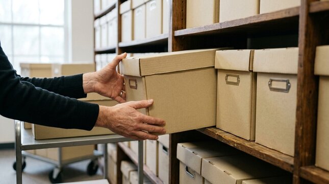 Transferring archived compliance files carefully from a cart onto a records shelf in healthcare setting
