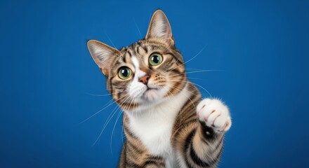 Fototapeta premium Playful Tabby Cat Reaching Out with Paw Against a Solid Blue Background - Cute Domestic Feline Portrait