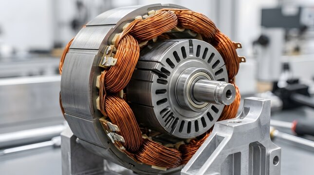 Close up of copper coils in an electric motor assembly