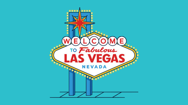 Iconic welcome to fabulous Las Vegas Nevada sign illustration on a vibrant turquoise background for travel promotion