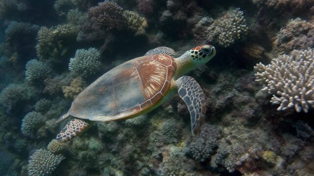 Mauritius sea turtle gliding gracefully through tropical ocean reef