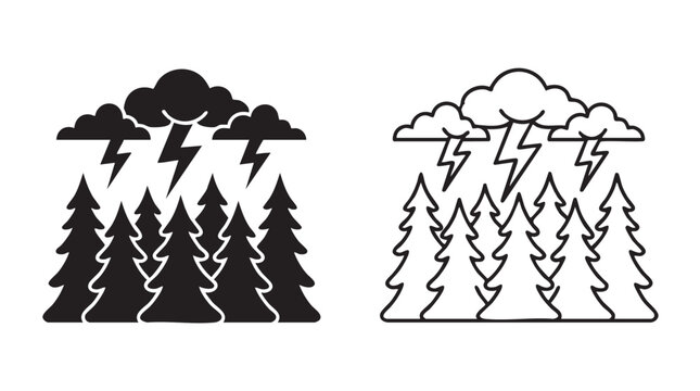 black silhouette and outline art vector icon of lightning storm over forest