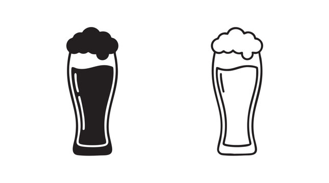 black silhouette and outline art vector icon of beer glass with foam