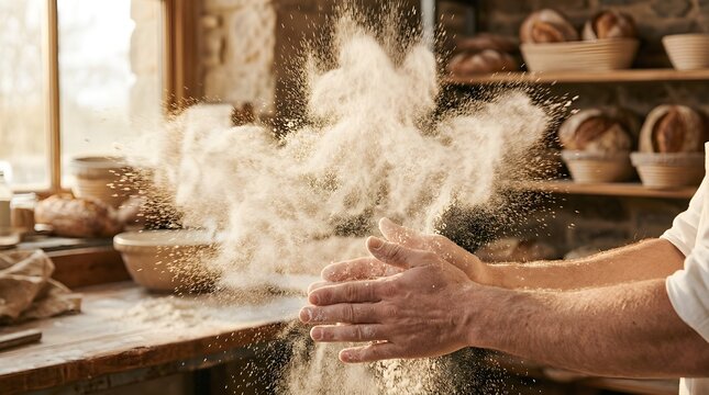 Baker claps hands together to release a cloud of white flour in the workspace.