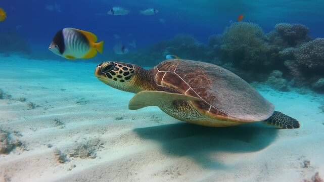 Mauritius sea turtle swimming on sandy tropical seabed with fish