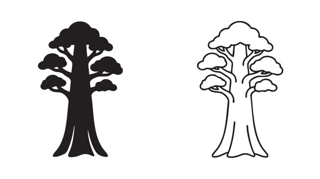 black silhouette and outline art vector icon of a giant sequoia tree