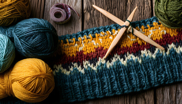 Wolle, Ma&szlig;band und Strickmuster auf einer alten Holzoberfl&auml;che