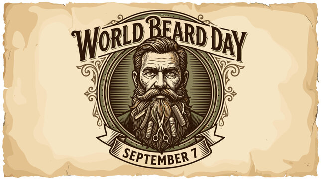 Vintage style World Beard Day poster with bearded man.
