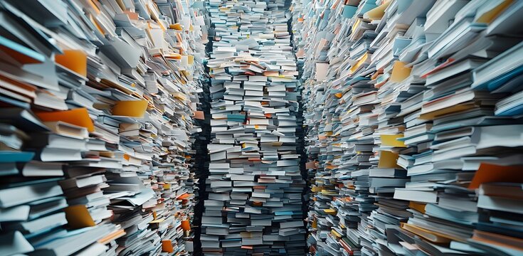 Blurred office with stacked documents and files, shallow depth, focused foreground clutter.

