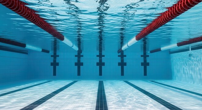 Underwater View of Empty Professional Swimming Pool with Lane Markers and Clear Blue Water for Competition Training