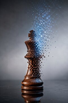 Wooden Chess King Dissolving Into Blue Digital Particles