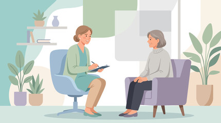 Fototapeta premium Therapy Session: Counselor Consulting Elder Woman in Cozy Office