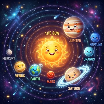 Cute Cartoon Solar System Vector Illustration with Planets Sun and Moon in Space