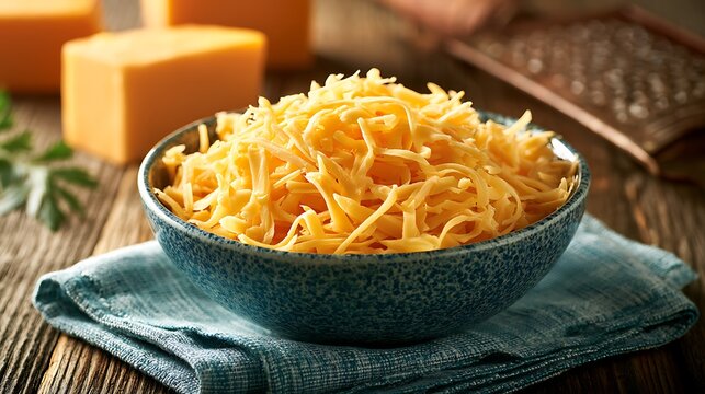 Fresh grated cheddar cheese in a blue bowl on a rustic wooden table. Perfect for culinary and food preparation concepts.