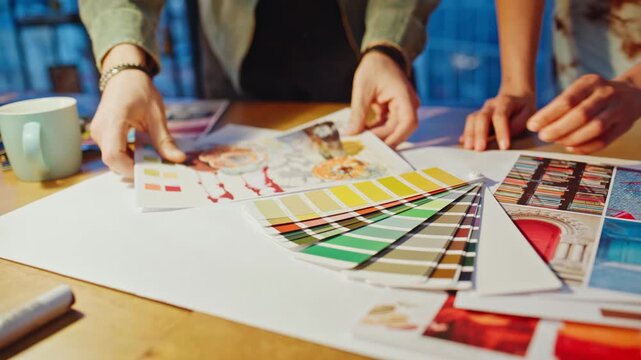 Designers choosing color palette. Creative team discussing design project office