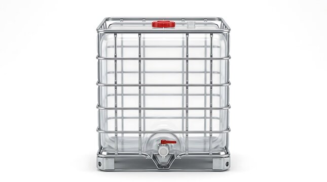 Large plastic water tank container with metal frame cage for industrial storage and transport. ibc container