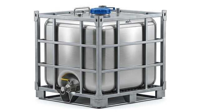 Large metal industrial liquid storage tank container with protective steel cage frame. ibc container