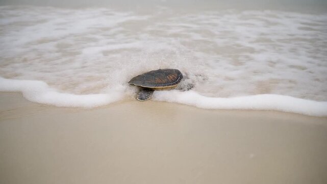 Mauritius sea turtle crawling on sandy beach towards ocean waves