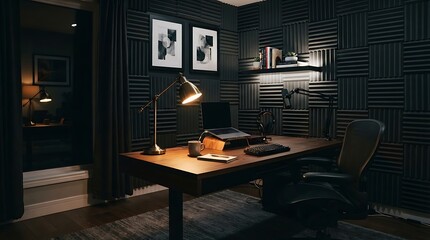 Fototapeta premium Cozy home office setup with acoustic panels, desk, laptop, lamp, and books creating a professional and productive workspace at night