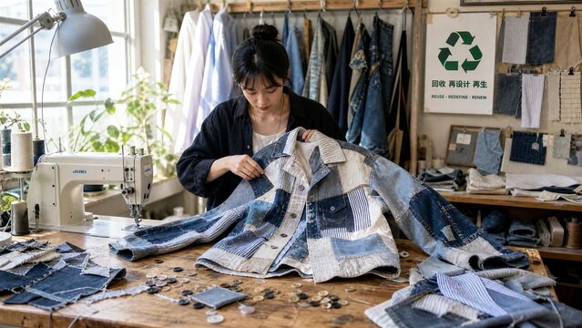 Artisan Denim Jacket Creation: A skilled artisan meticulously crafts a unique patchwork denim jacket in a bright, well-organized studio, surrounded by fabric, sewing machine.