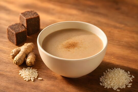a bowl of traditional Indonesian herbal drink jamu beras kencur with raw ingredients