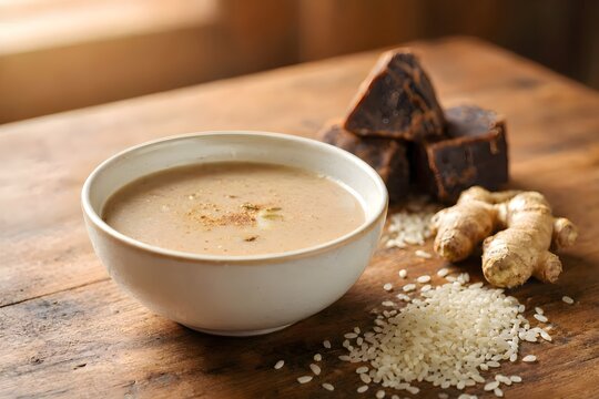 a bowl of traditional Indonesian herbal drink jamu beras kencur with raw ingredients