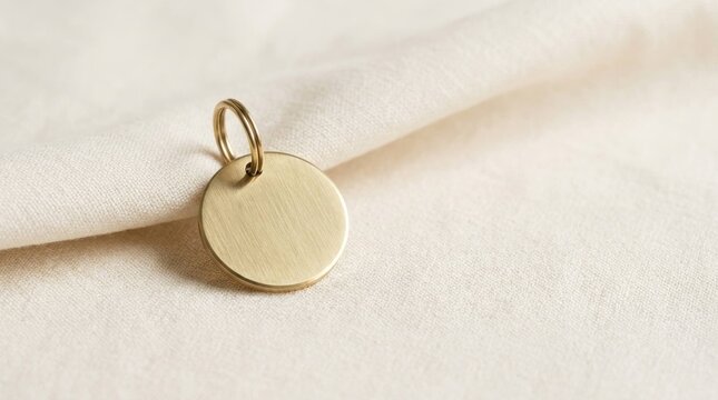 Minimalist Gold Metal Circular Pendant Resting on Soft Fabric Background S1