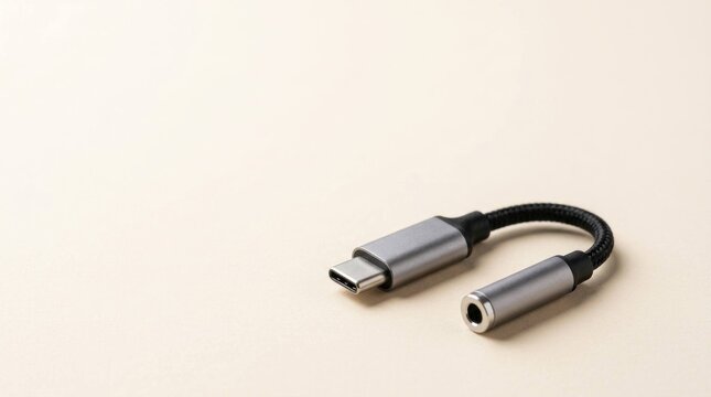 Presenting USB audio adapter cable on beige background studio close up