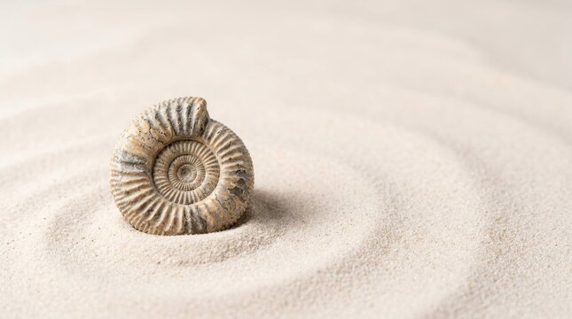 An ancient spiral ammonite fossil resting in textured sand for a nature study