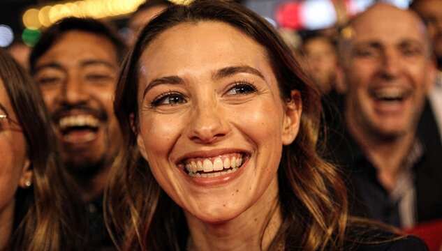 Detailed closeup of a smiling face among the crowd highlighting joy and amusement at a comedic scene with the rest subtly out of focus during premiere night.