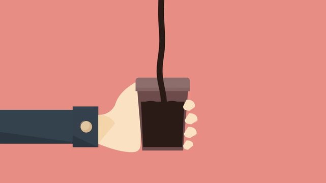 Vibrant animated illustration of a hand gracefully holding a small cup while a rich dark liquid is carefully poured in, capturing a precise moment of beverage preparation or serving
