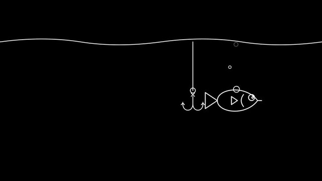 Minimalist Line Art Illustration of a Fish Approaching a Fishing Hook Underwater on a Black Background