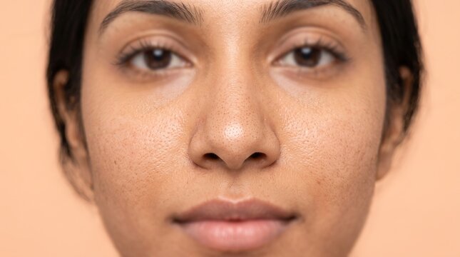 Close Up of Female Face Showing Visible Pores and Blackheads on Nose and Cheeks for Skincare Concept