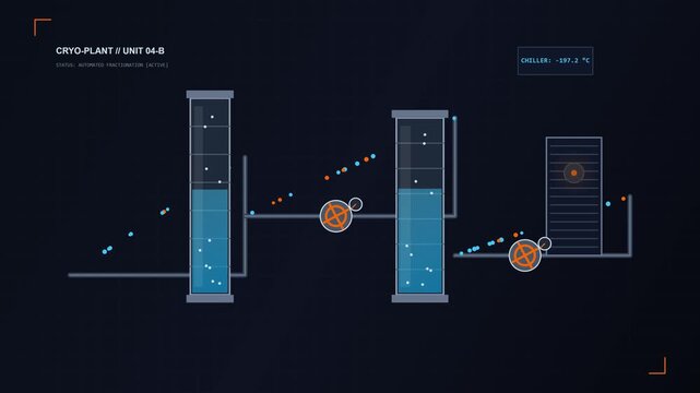 Animated flat vector interface of a cryogenic plant showing automated fractionation process with particles flowing through tanks