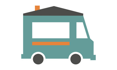 Fototapeta premium Minimalist mobile food truck icon with a serving window and counter, featuring a flat design and solid colors on a white background. Street food business concept