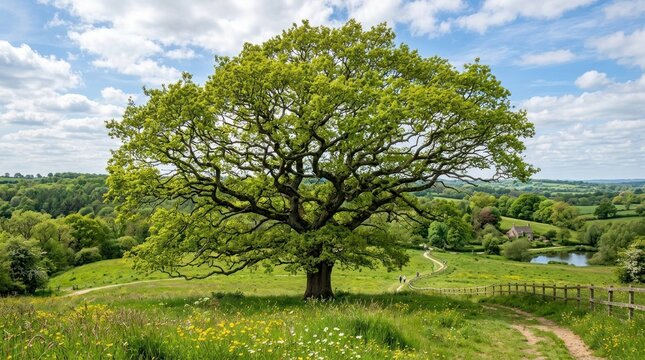 Lush Green Oak Tree Standing in a Rolling Countryside Field S1 876