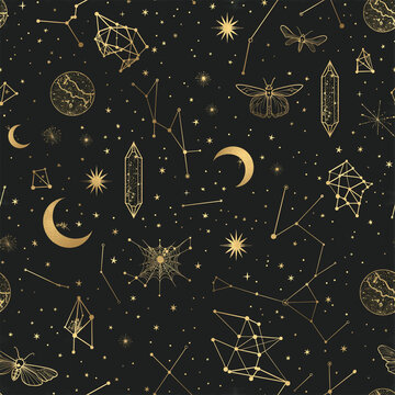 Mystical celestial witchy seamless pattern with moon crystal and stars, generative AI