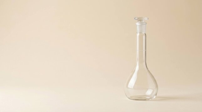 Empty laboratory glass flask with stopper isolated on a light beige studio background