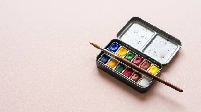 Watercolor paint box and brush on a pink surface art supplies creative hobby