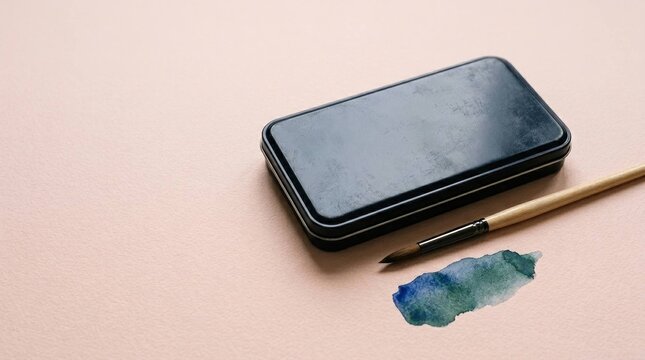 Watercolor paint box and paintbrush on paper surface for artistic creative work