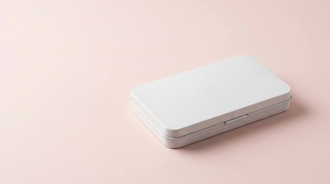 Minimalist white metal tin box mockup isolated on a soft pink background