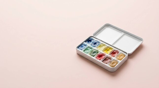 Top view of an open watercolor paint set box on a soft pink background