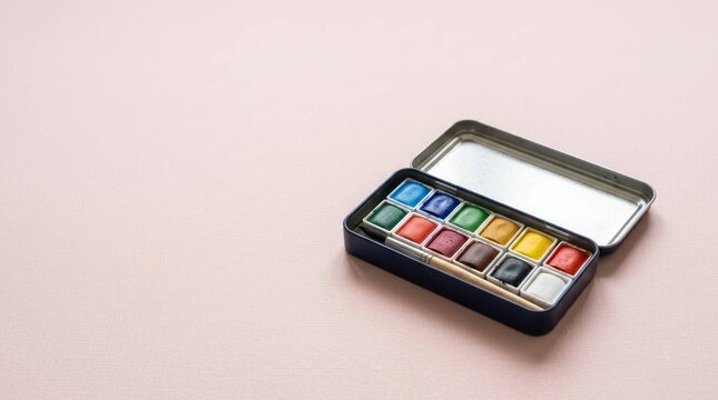 Watercolor paint box with a brush on a pink background, art supplies, hobby setup