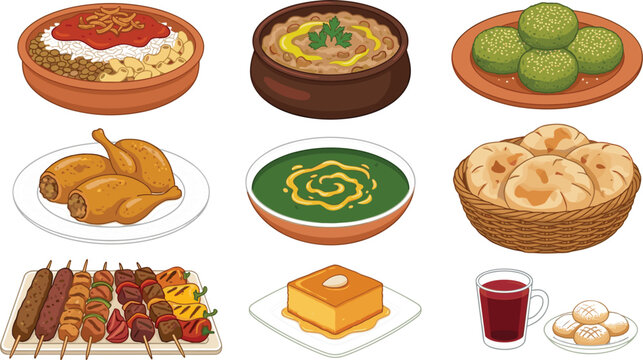 Traditional Egyptian Cuisine Vector Set Featuring Popular Dishes Koshari Ful Medames Falafel Stuffed Chicken Molokhia Pita Bread Kabab Skewers and Kahk Cookies