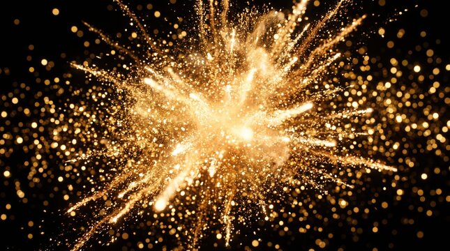Fireworks display erupts with intense golden streaks and dense floating embers against a pitch black void.