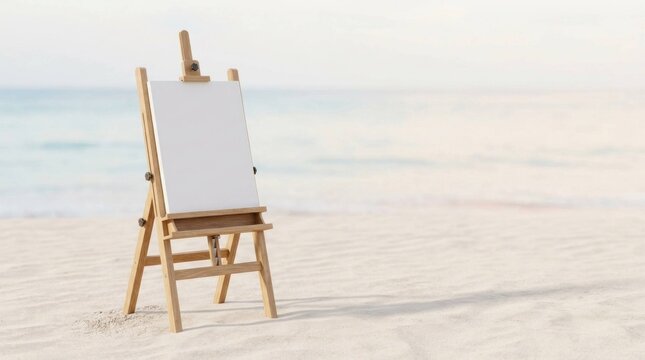 Empty Canvas on a Wooden Easel Standing on a Sandy Beach at the Tropical Seashore