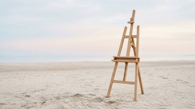 Empty Wooden Easel Standing on a Tranquil Sandy Beach for Artistic Inspiration S1