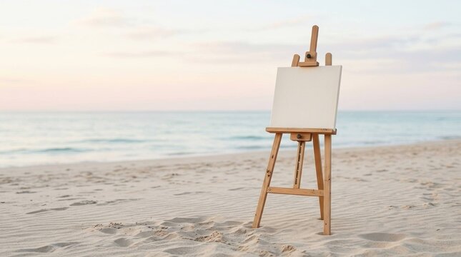 Wooden easel with blank white canvas standing on a sandy tropical beach at sunset