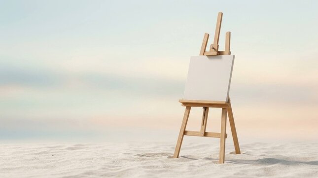 Empty Wooden Easel with Blank Canvas Standing on a Sandy Beach at Sunset